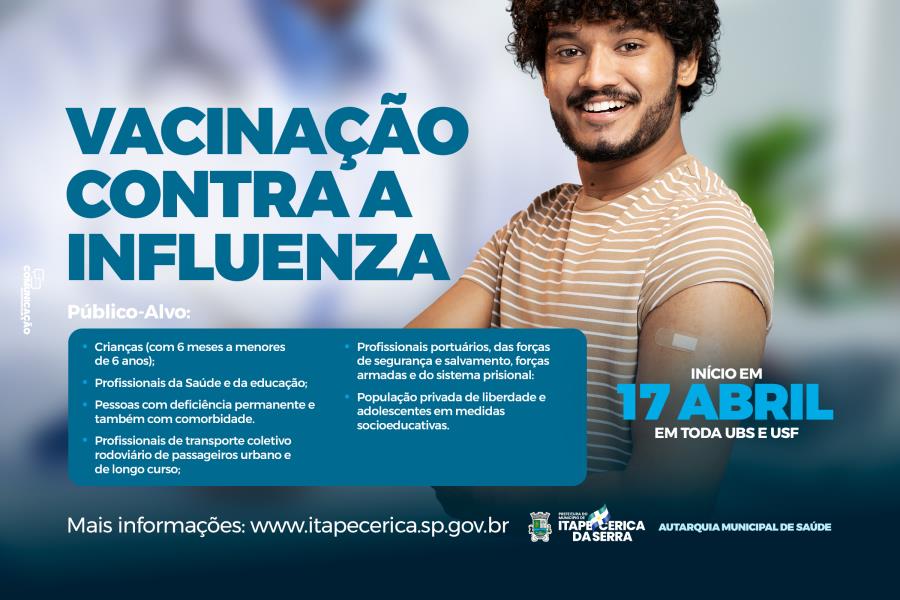 Vacinação contra influenza, disponível em todas UBSs e USFs para grupos prioritários