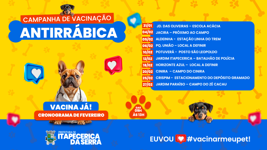 Campanha de Vacinação Antirrábica Animal 2025 continua em fevereiro